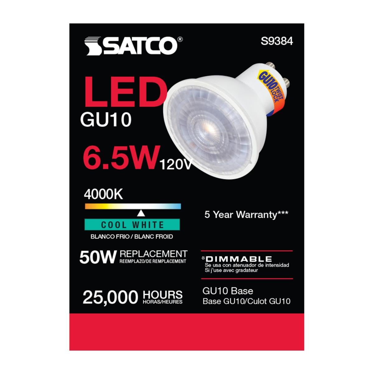 Satco 6.5 Watt LED MR16 Reflector Light Bulb, 4000K Cool White, 500 Lumen, 40 Deg. Beam Angle, GU10 Base, 120 Volt, Dimmable, White Finish (12 LED