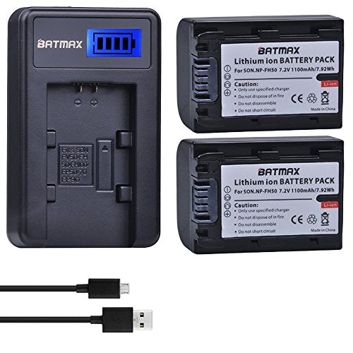 Batmax 2Packs NP-FH50 Battery + LCD USB Charger for Sony NP-FH30,NP-FH40,NP-FH50 H Series Batteries;Sony Alpha DSLR A230, DSLR A290, DSLR A330, DSLR