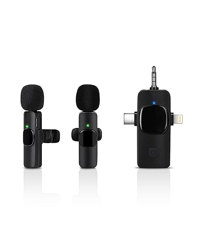 ???????? 3 in 1 Wireless Lavalier Microphones for iPhone, iPad, Android, Camera, 7-Hour Battery, Mini Microphone with Noise Reduction for Video Recording