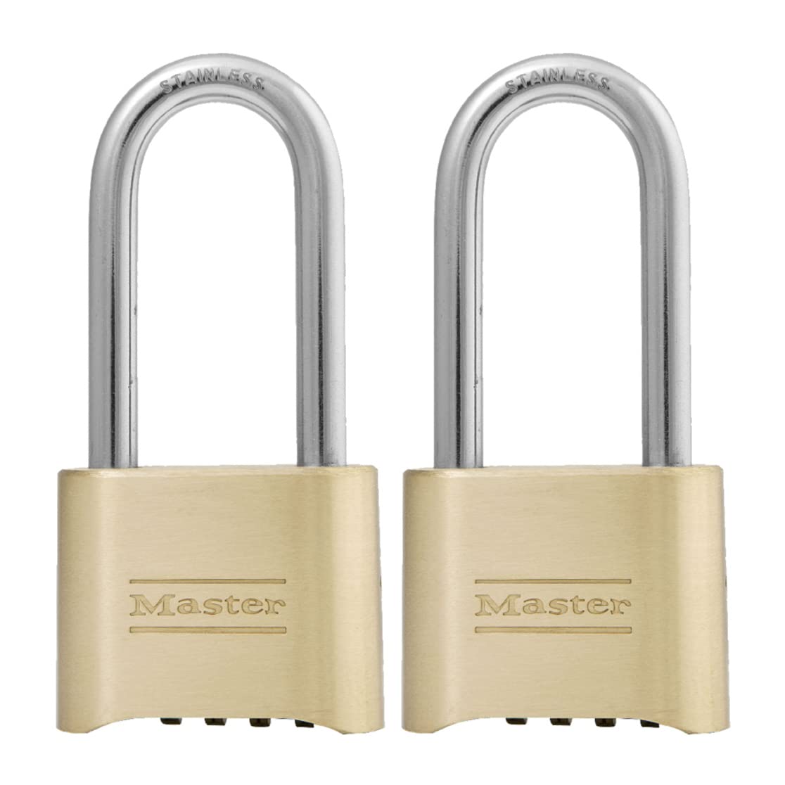 Master Lock Brass Combination Lock, Gate Lock for Outdoor Fence or Shed, Customizable Combination Padlock with Extended 2-1/4-Inch-Long Shackle, 2