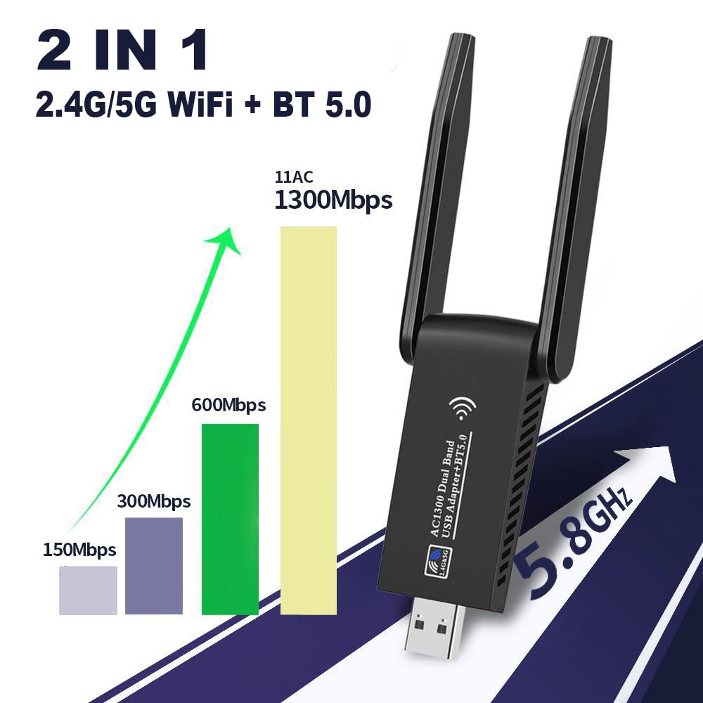 AC1300 Dual Band WiFi Wireless Network Card + BT 5.0 Adapter USB 3.0 1300M 802.11ac Adapter Bluetooth 5.0 with Antenna for Laptop PC 2.4GHz + 5.8GHz
