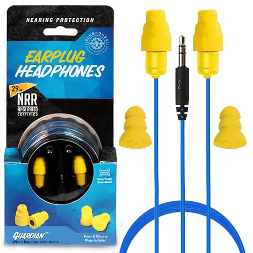 Plugfones Guardian Earplug Headphones - OSHA Approved Noise Isolating in-Ear Earbuds with Hearing Protection - Wired Hybrid for Work and Travel