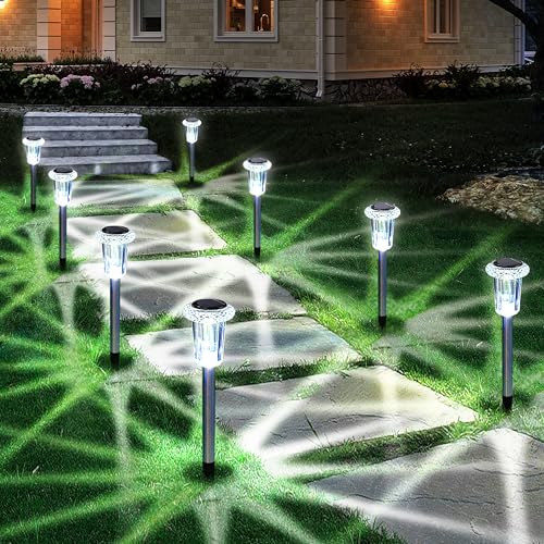Eyrosa Solar Outdoor Lights, 10 Pack Waterproof Stainless Steel Solar Stake Lights for Pathway Garden Yard Path Walkway Driveway Lawn Patio Outside