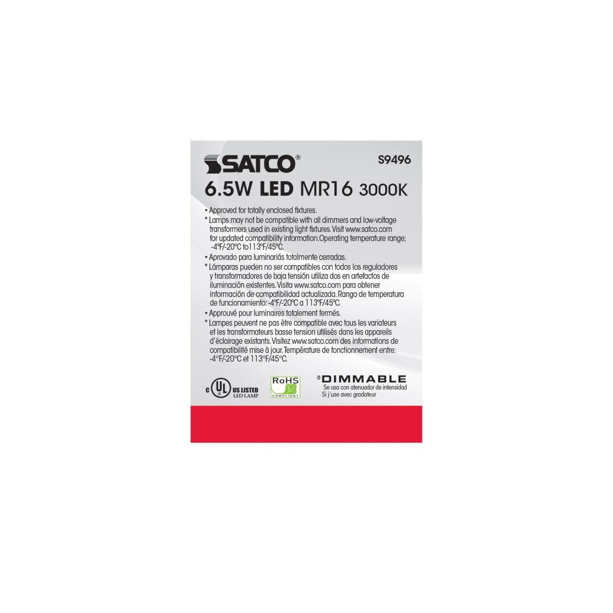 Satco Lighting 6.5 Watt Dimmable MR16 Low Voltage LED Light Bulbs - 3000K Soft White - 40 Degree Beam Angle - GU5.3 Base - 12 Volt AC/DC - 6 Pack