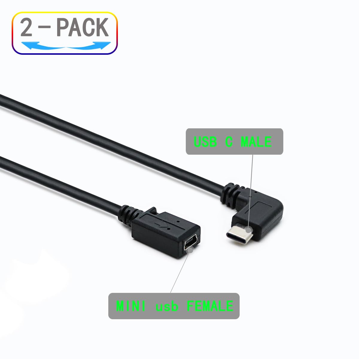 ZJKJHJY 2-Pack 90 Degree USB Type C Male to Mini USB femlae Cable,USB 3.1 Male to Mini 5-Pin B USB Female Adapter for Laptop Adapter Converter…