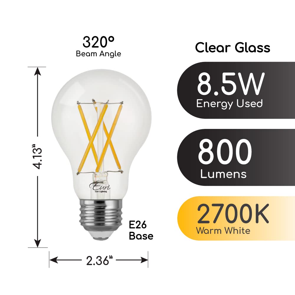Euri Lighting VA19-3020cec, Dimmable LED A19, 8.5W (60W Equal), Warm White (2700K), 800lm, 90+ CRI, 320° Beam, E26,E-Star, CEC, JA8, CA Compliant 3YR
