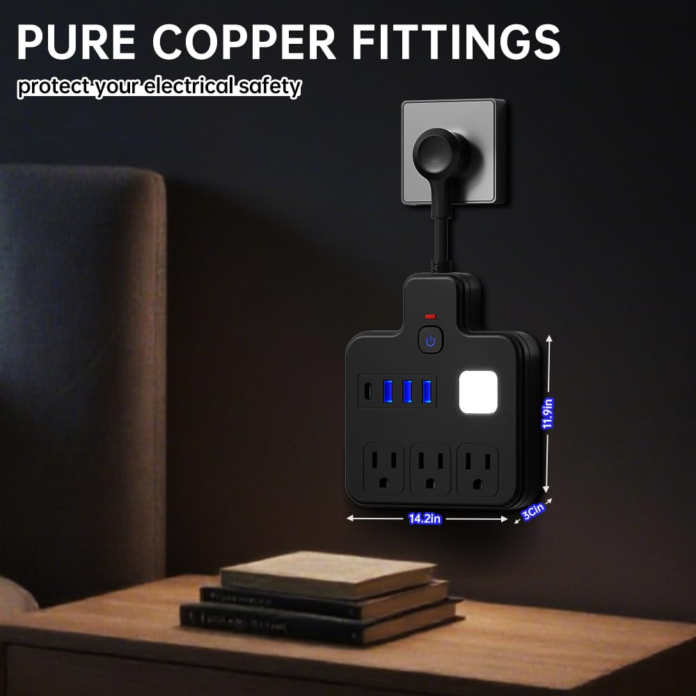 Short Extension Cord with USB Ports, Multi Plug Outlet Extender Surge Protector with 3 AC Outlets 4 USB (1 USB C 5V/1A), Flat Wall Charging Station