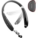 AMORNO Foldable Bluetooth Headphones Wireless Neckband Headset with Retractable Earbuds, Sports Sweatproof Noise Cancelling Stereo Earphones with Mic