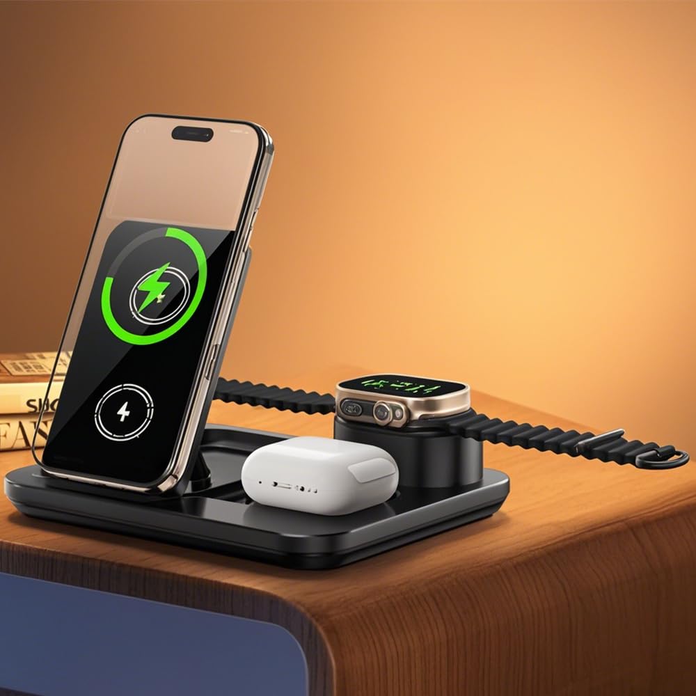IHAO 3in1 Auto-Rising Wireless Charging Station 15W Fast Charge Ultra-Slim Foldable Design Wireless Charger for Phone Watch Earbud QC3.0 & PD