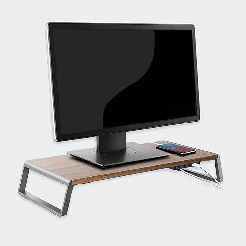 DESAINOPH Monitor Stand with 4-USB Hub,Support Transfer Data and Charging,Desk Organizer,Wood&Aluminum Alloy Monitor Riser