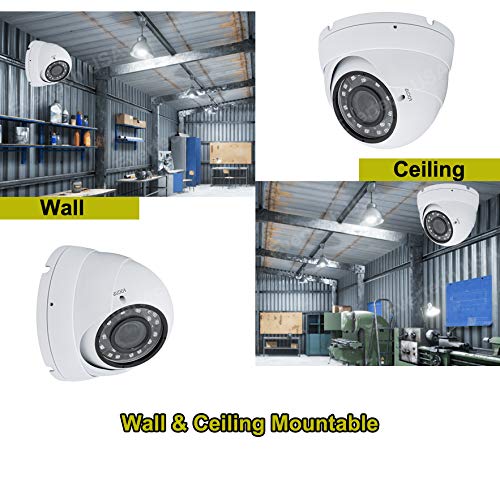 Evertech 1080p Dome Security Cameras 1920x1080 high Resolution Weatherproof Indoor/Outdoor, Night Vision up to 98ft, 2.8-12mm Adjustable Lens White