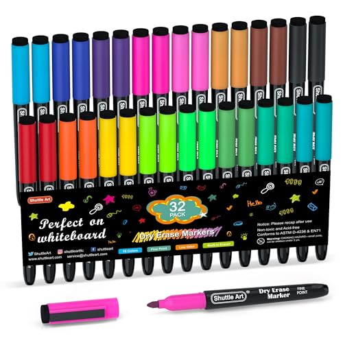 Shuttle Art Dry Erase Markers, 32 Pack 16 Colors Magnetic Whiteboard Markers with Erase, Fine Point Dry Erase Markers Perfect For Writing on