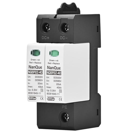 DC SPD Surge Protector for 100V-1000V PV Systems, 2-Pole 40kA T2 Level, Replaceable Module, Solar Panel Lightning Protection, Overvoltage Protection