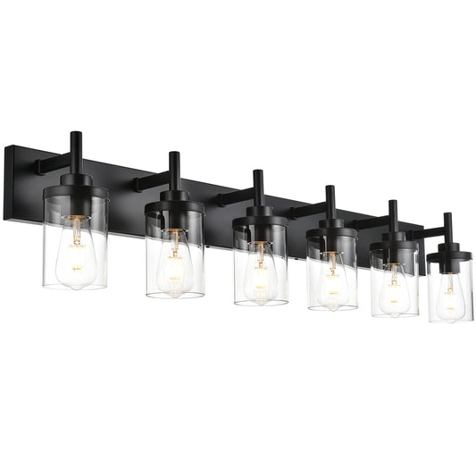 QueeuQ Modern Black Bathroom Vanity Light,6 Light Industrial Bathroom Light Fixtures Over Mirror with Clear Glass Shade Sconces Wall Lamp Lighting