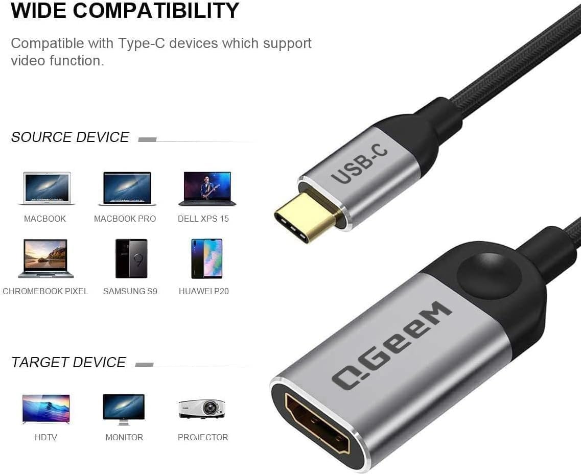 QGeeM USB C to HDMI Adapter 4K Cable, USB Type-C to HDMI Adapter [Thunderbolt 3/4] HDMI for Laptop MacBook Pro/Air, iPhone 15 16 17 Pro max, Dell XPS