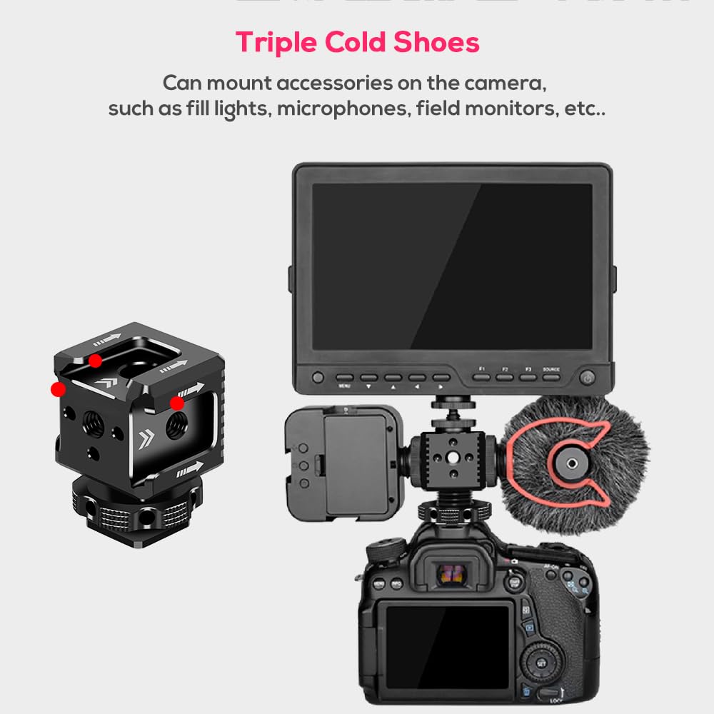 EaxanPic Triple Cold Shoe Mount Bracket, Camera Hot Shoe Mount Adapter with 1/4" Screw Holes for Flash Light Monitor Video Mic Compatible with Canon