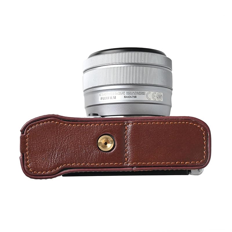 BMAOLLONGB X-M5 Case, Handmade Genuine Real Leather Half Camera Case Bag Cover for Fujifilm X-M5 Bottom Opening Version + Neck Strap (Coffee)