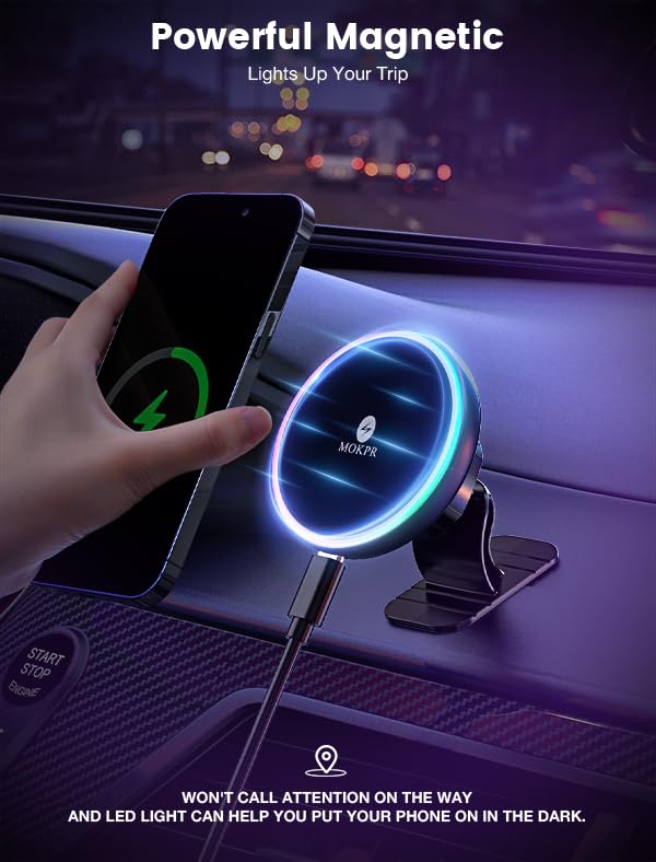 MOKPR for Magsafe Car Mount Charger-15W Wireless Car Charger-Magnetic Car Phone Holder for Dash Air Vent-LED RGB HandsFree Car Mount Fast Car Charger