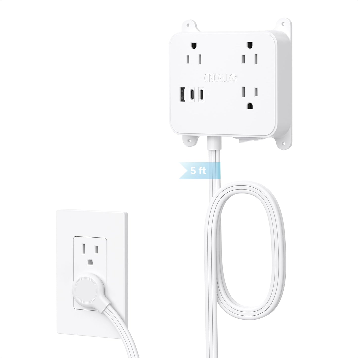 TROND Flat Plug Power Strip, 5FT Ultra Thin Flat Extension Cord with 3 AC Outlets, Wall Mount USB Plug Behind TV, Wall Outlet to Hide in Drawer