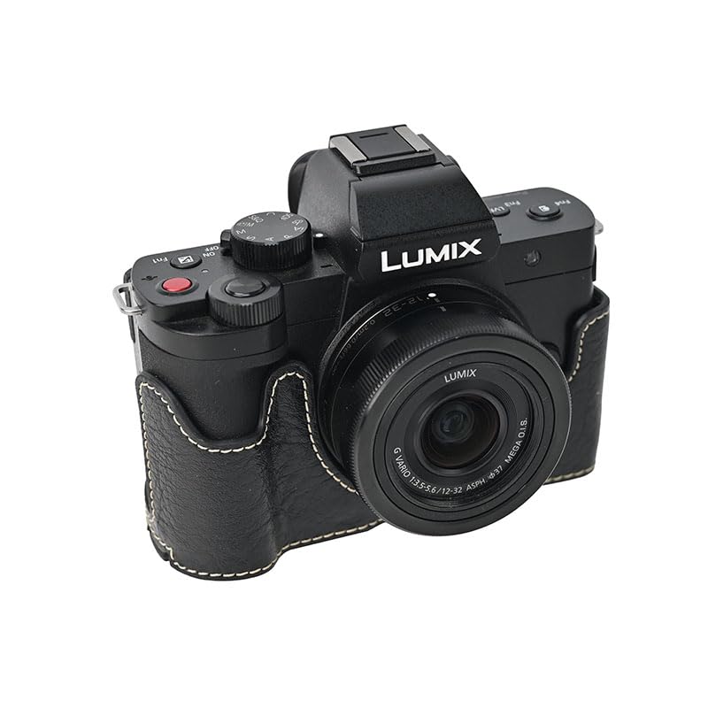 G100K Case, BMAOLLONGB Handmade PU Leather Half Camera Case Bag Cover Bottom Opening Version for Panasonic Lumix G100K with Neck Strap (Black)