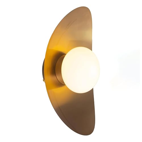 Qepeety Mid Century Modern Wall Sconce, Glass Wall Light Fixtures Vintage Crescent Shape Gold Brushed Finish LED Wall Mount Light for Living Room