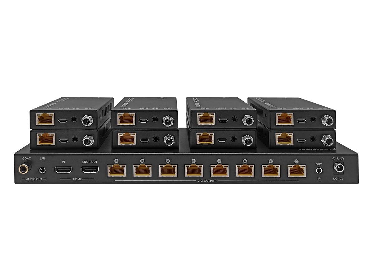 Monoprice 4K HDMI 2.0 1x8 Splitter Extender Kit - Up to 60 Meters 4K@60Hz, 18Gbps, HDR10, HDR10+, Dolby Vision, Hyper Log‑Gamma, HDCP 2.2, HDMI Loop