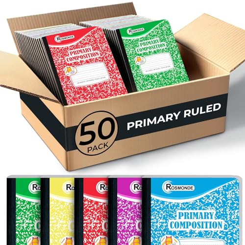 Rosmonde 50 Pack Bulk Composition Notebooks, Primary Ruled, Assorted Colors
