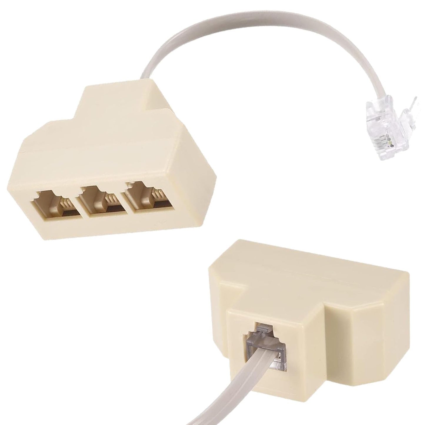 Sopepoyie 2Pcs 6P4C Male Phone Jack Splitter to 3 Female Way Socket Beige Adapter Telephone Line Splitter with Telephone Extension Cord