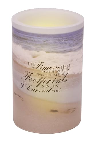 Mark Feldstein & Associates Footprints in The Sand Quote Inspirational Real Wax Flameless LED Candle Pillar, 4 x 6 Inch
