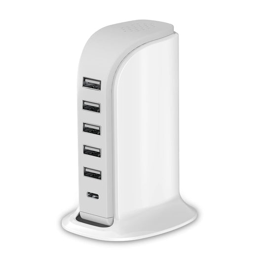 Charging Station for Multiple Devices 40W Upoy, Wall Charger Block 5 USB Ports(Shared 6A), USB Charging Hub Smart IC, Charger Tower with Type-C 3A
