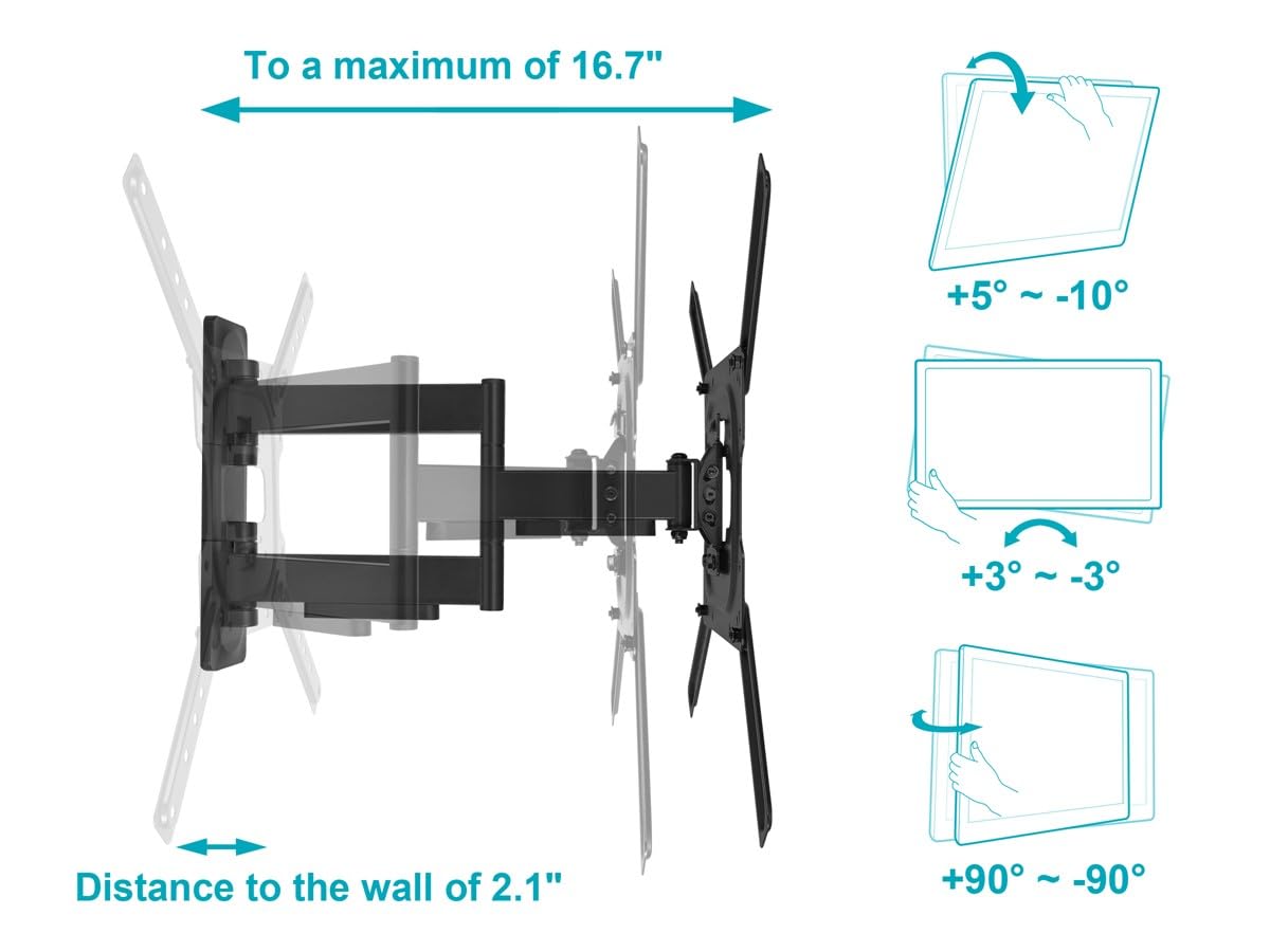 Monoprice Full Motion Single-Stud TV Wall Mount Bracket For 23" To 60" TVs up to 77lbs, Max VESA 400x400, Works with Concrete, Brick, and Wooden Studs