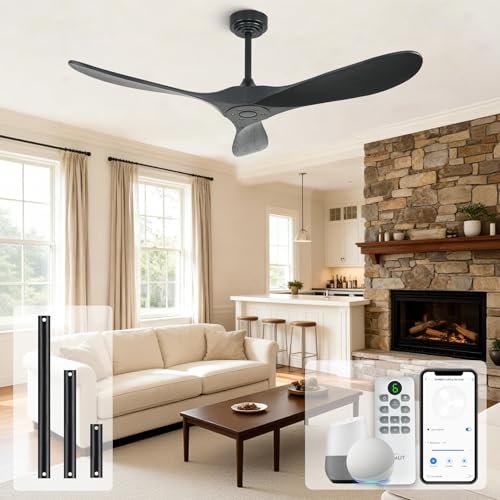Homlit Smart Ceiling Fan no Light, 52 Inch Outdoor Ceiling Fan Without Light, Compatible with Alexa/Google/App, 3 Solid Wood Blades, Modern Wood Fan