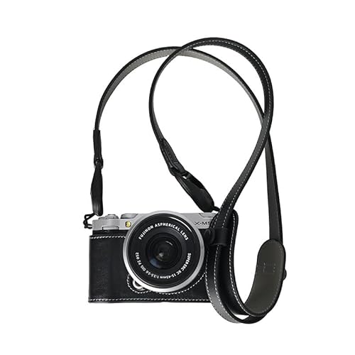 BMAOLLONGB X-M5 Case, Handmade Genuine Real Leather Half Camera Case Bag Cover for Fujifilm X-M5 Bottom Opening Version + Neck Strap (Black)