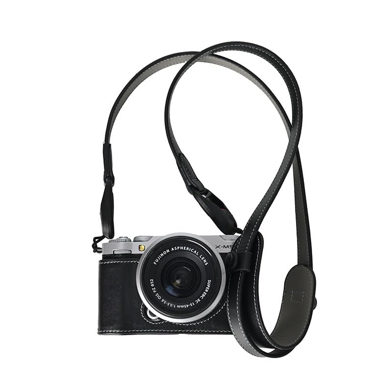 BMAOLLONGB X-M5 Case, Handmade Genuine Real Leather Half Camera Case Bag Cover for Fujifilm X-M5 Bottom Opening Version + Neck Strap (Black)