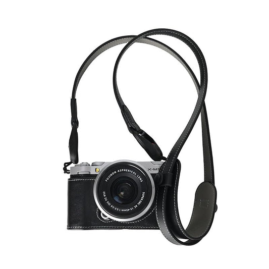 BMAOLLONGB X-M5 Case, Handmade Genuine Real Leather Half Camera Case Bag Cover for Fujifilm X-M5 Bottom Opening Version + Neck Strap (Black)