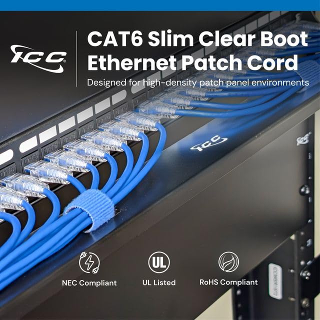 ICC CAT6 Slim RJ45 Ethernet Patch Cord, 550 MHz, UTP, 3 FT, White, 10-Pack