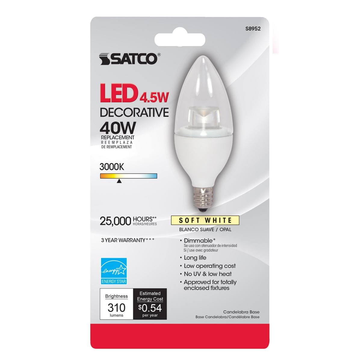 SATCO S8952 LED Light Bulb 4.5 Watt 120 Volt E12 Candelabra Base 3000K Soft White 6 Pack