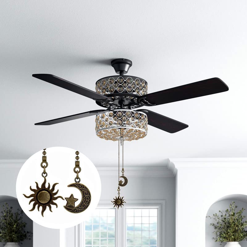 Ceiling Fan Pull Chain Set, 4 Piece Moon and Sun Pattern Pull Chain Extension Fan Pull Chain Pendant 12 Inch Ceiling Fan Chain Extender with Ball Fan