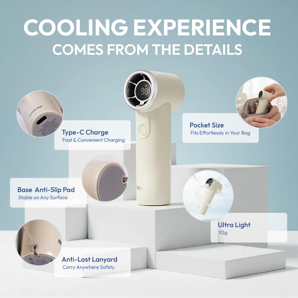 MAVIÉ Portable Handheld Turbo Fan, Rechargeable Mini Personal Fan, Pocket Size With 5 Speeds & LED Display, Low Noise & Long Battery Life, With Wrist