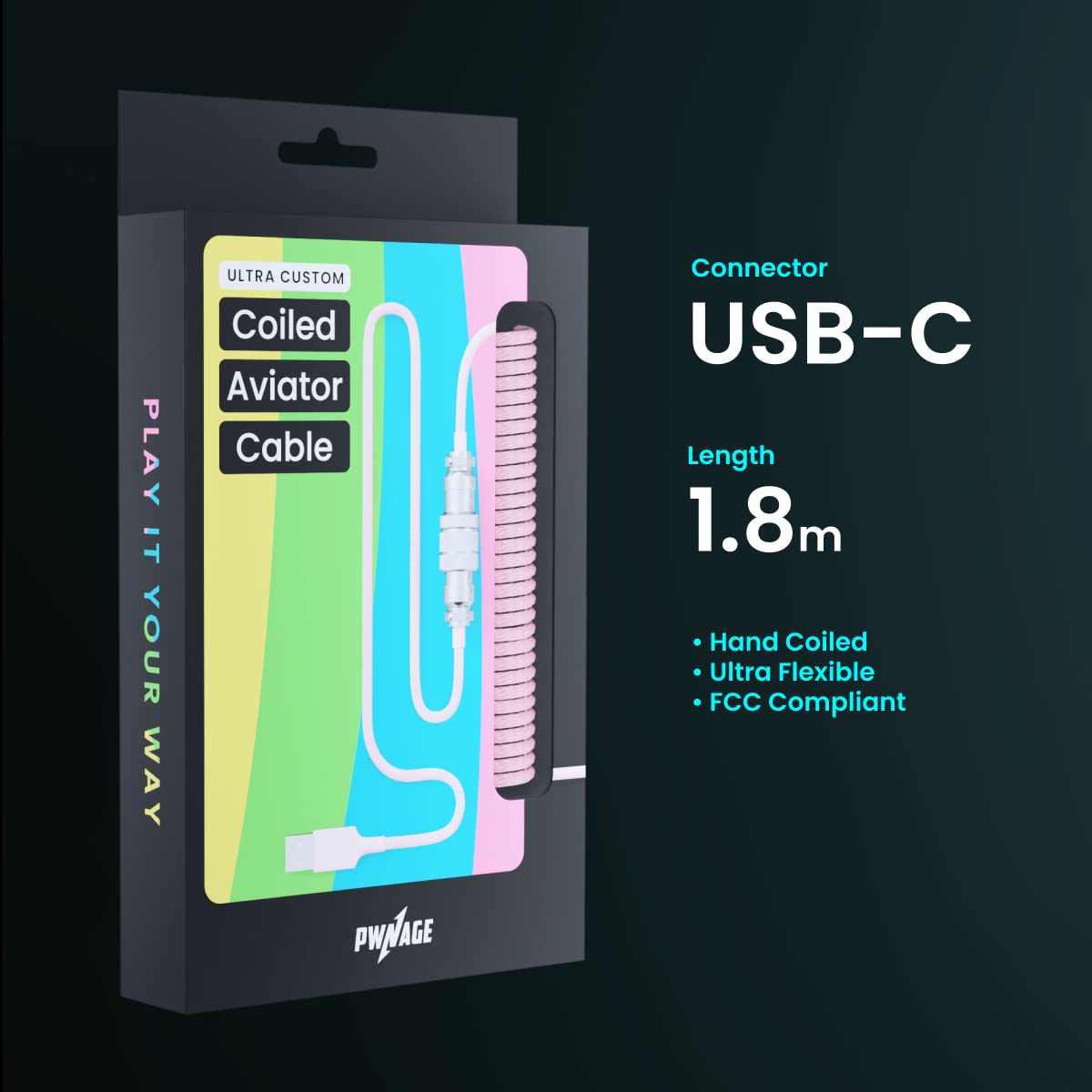 PWNAGE Ultra Custom Coiled Aviator USB C Cable for Gaming Keyboard, Double-Sleeved Mechanical Keyboard Cable with Detachable Metal Aviator, 1.8M USB-A