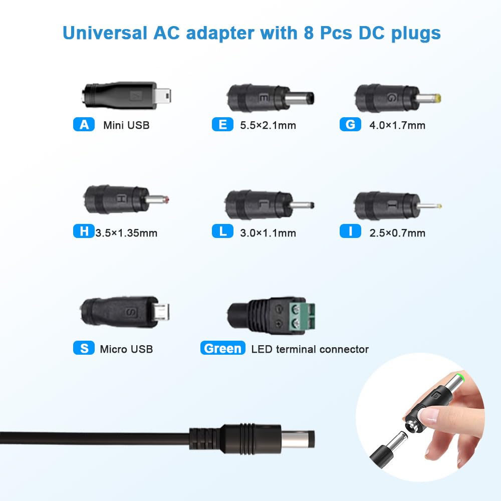 HYGAMOCC 12 V 2A Power Adapter with 8 Tips, 24W AC Adapter Charger Replacement for Router，Speaker,LED Strip Light, Monitor，Charger Power Supply Cord