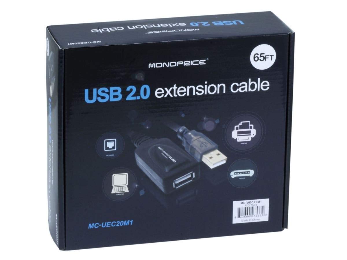 Monoprice USB 2.0 Extension Cable - USB Type-A Male to USB Type-A Female, Active, Repeater, 26/22AWG, 65 Feet, Black