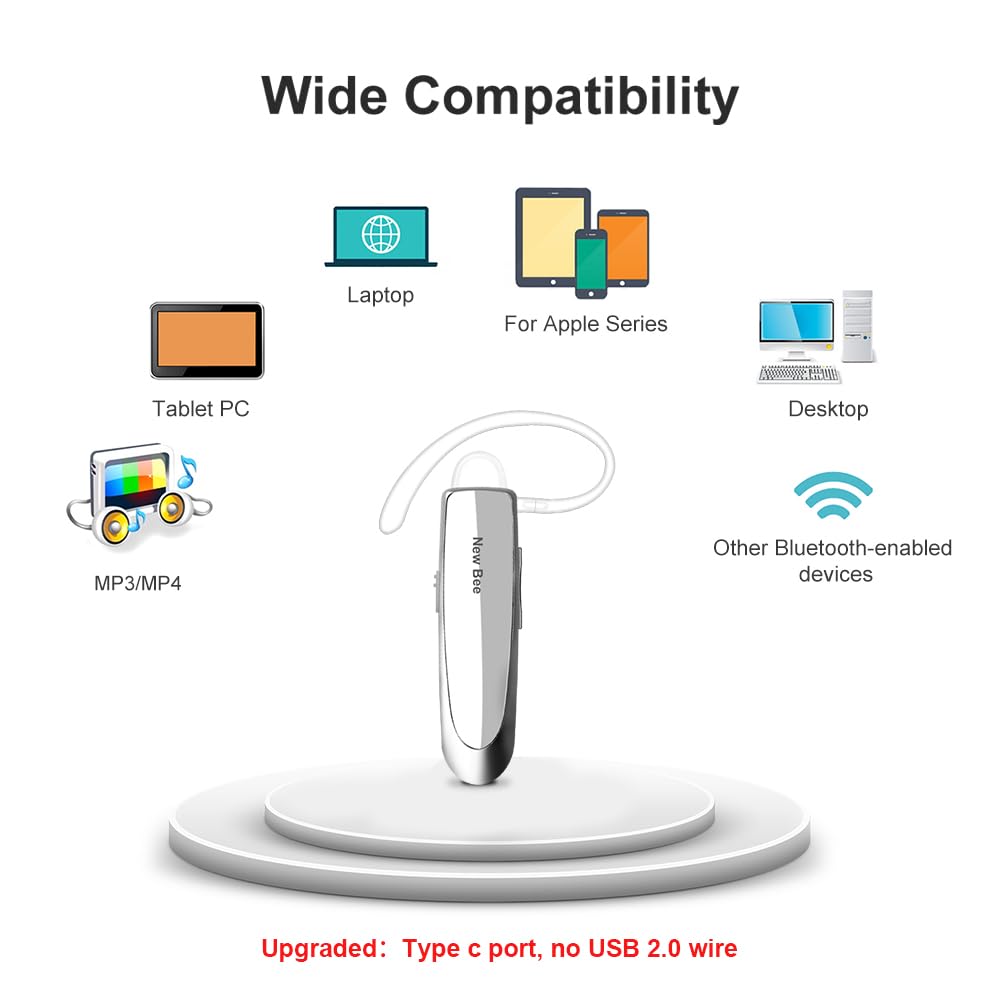 New Bee Bluetooth Earpiece V5.0 Wireless Handsfree Headset with Microphone 24 Hrs Driving Headset 60 Days Standby Time for iPhone Android Samsung