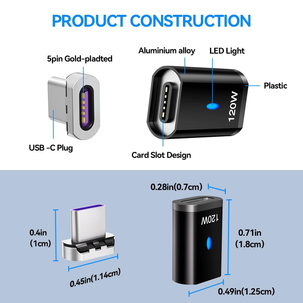 HESKUL 120W USBC Magnetic Adapter 3Pack Straight Magnetic USB C Connector 5Pins USB2.0 480Mbps Data Transfer for USB C Laptops, Tablets, Phones, Black