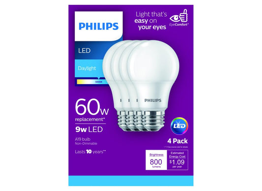 Philips 461137 8W=60W LED Daylight A19 Bulb 4Pk