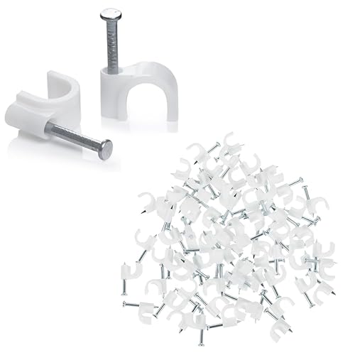 Kable Kontrol Cable Clips with Steel Nails - 7mm - 100 Pcs/Pack - White - UV Stabilized Circle Wire Clips Cable Holder for Cable Management, Wall