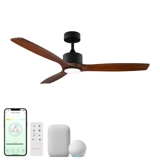 East Grove Home Madera 52in 3-Blade Smart Indoor or Outdoor Ceiling Fan 2700K-6000K CCT Tunable Range LED Light Kit in Matte Black with Distressed Koa