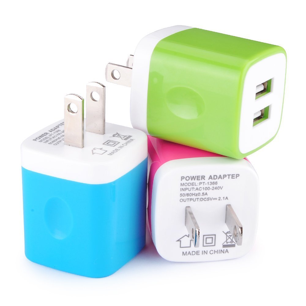 Wall Charger, [3-Pack] 5V/2.1AMP Colorful 2-Port USB Wall Charger Plug