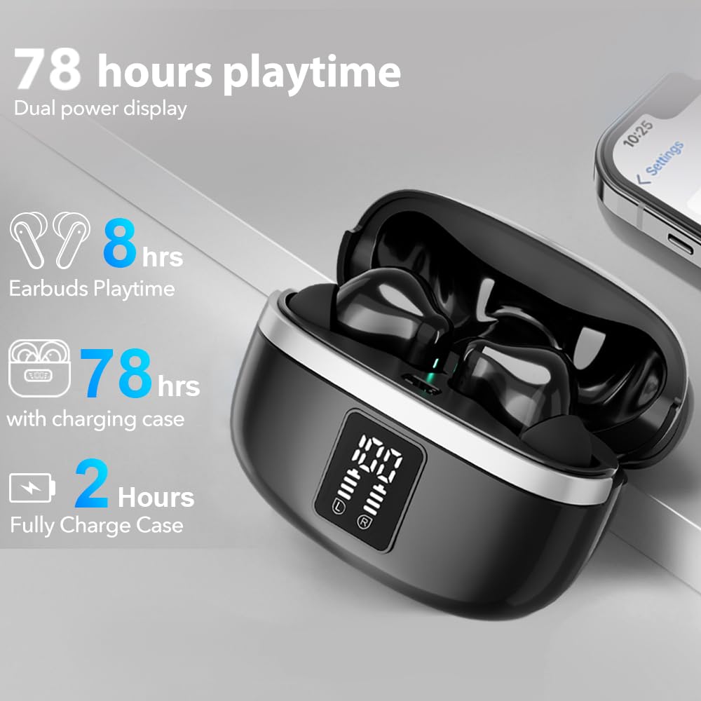 JBMI Bluetooth Earbuds Wireless Headphones, 50H Deep Bass Ear Buds with 4 Noise Cancelling Microphone, IPX5 Waterproof Earphones for iPhone Android