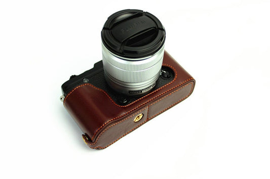 XE1 Case, BolinUS Handmade Genuine Real Leather Half Camera Case Bag Cover for Fujifilm Fuji XE1 X-E1 XE2 X-E2 Opening Version + Hand Strap -Coffee